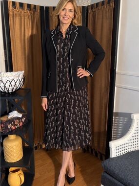 Vintage Black Blazer with White Piping Over Silk Printed Skirt & Blouse